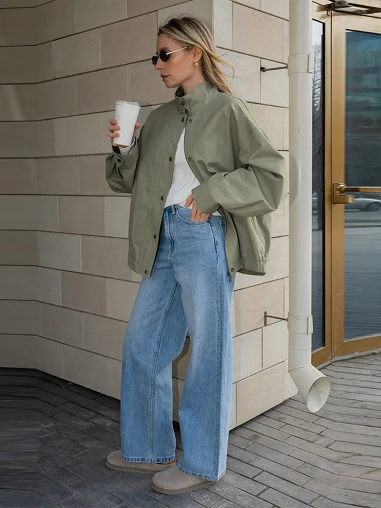 Elegant Stand Collar Single Breasted Jacket for Women