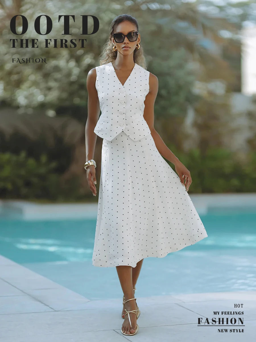 Elegant Polka Dot V Neck Sleeveless Two Piece Set For Women