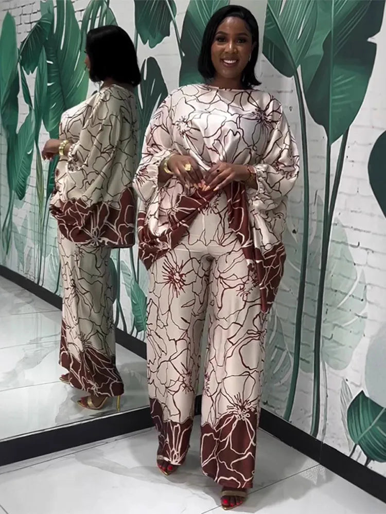 Floral Print Satin Lantern Sleeve Two Piece Set for Women