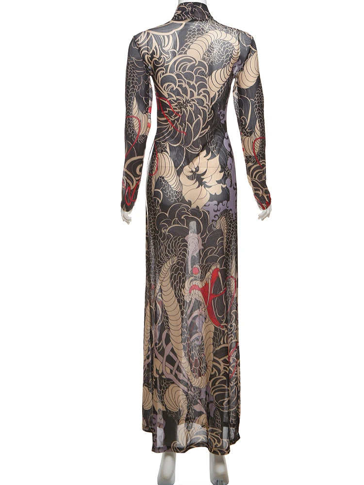 Snake Print Sheer Turtleneck Long Sleeve Top for Women