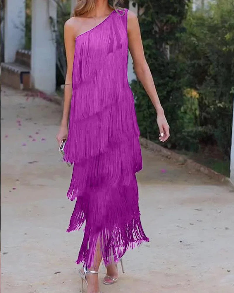 Diagonal Collar Tassel Sleeveless Summer Dress for Women