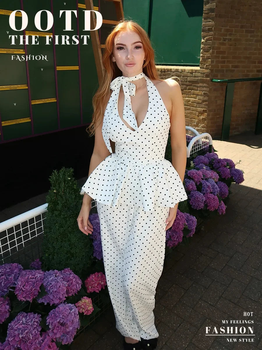 Loose Cotton Polka Dot Halter Top And Wide Leg Pants Set For Women