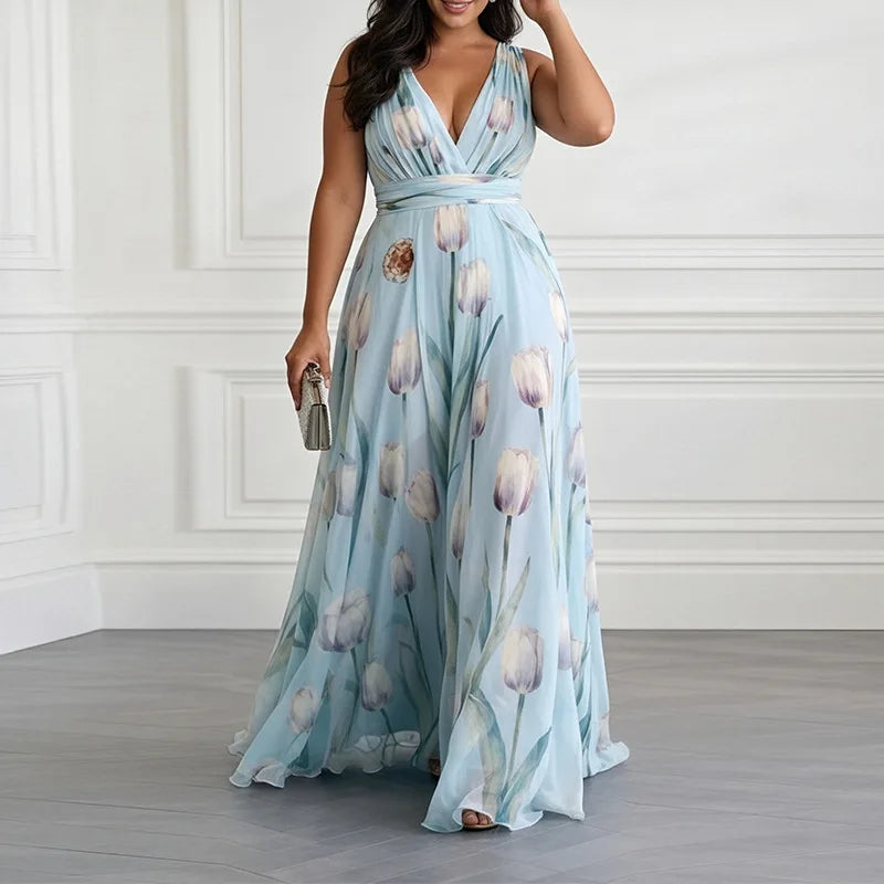 Light Blue Tulip Chiffon V Neck Sleeveless A Line Maxi Dress For Women