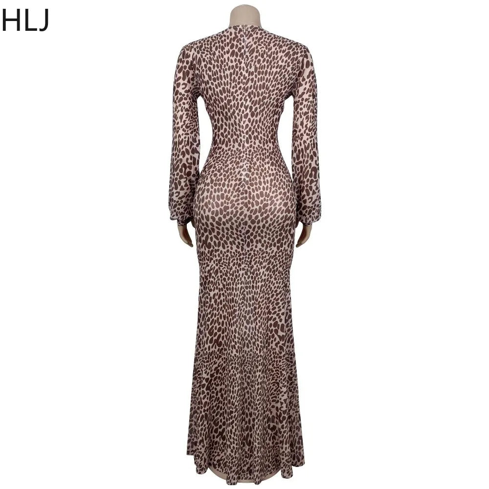 Leopard Print Deep V Neck High Slit Maxi Dress for Women