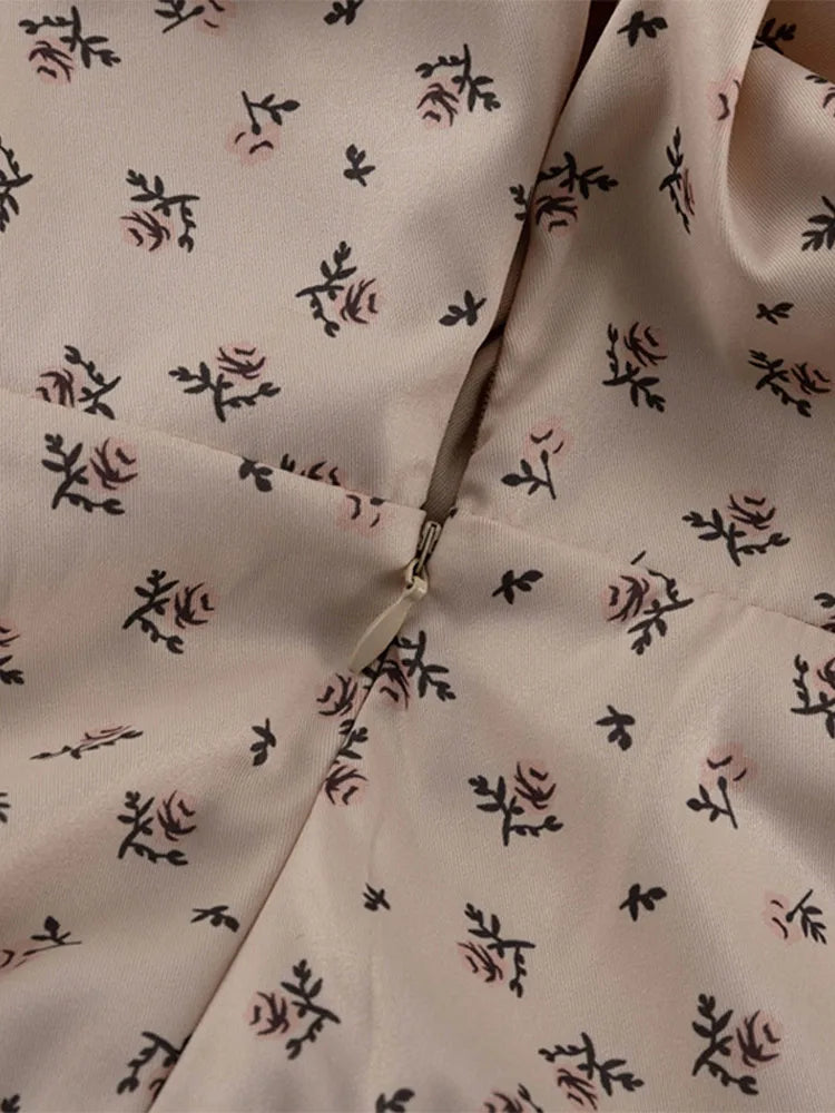 V Neck Button Lantern Sleeve Print Waistband Dress for Women