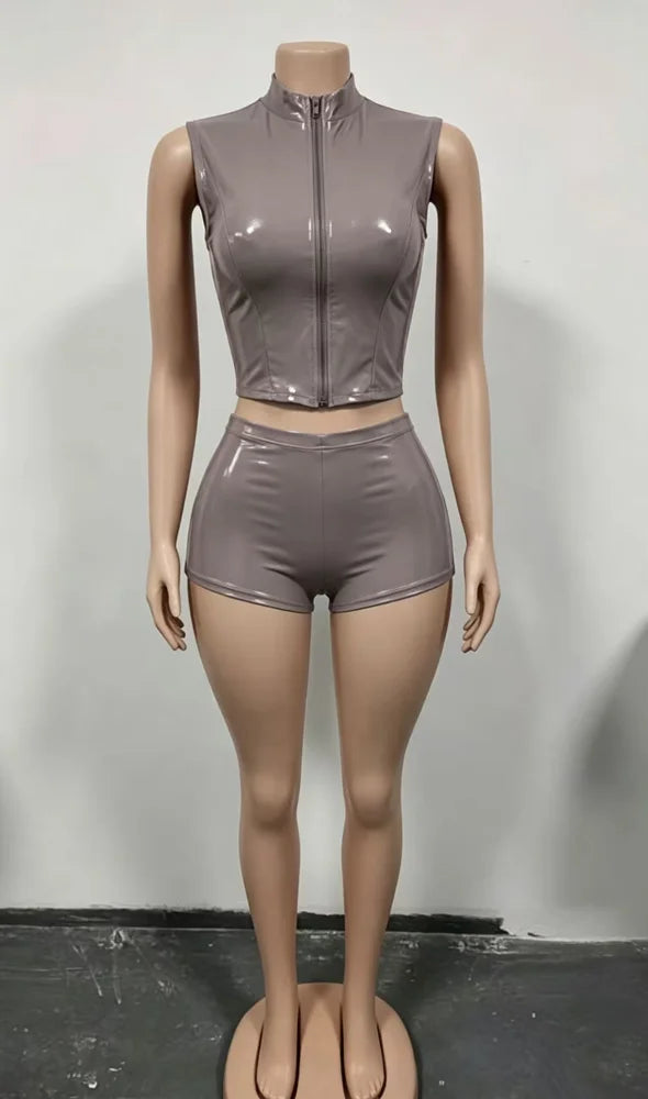 PU Leather Crop Top and Bodycon Shorts Set for Women