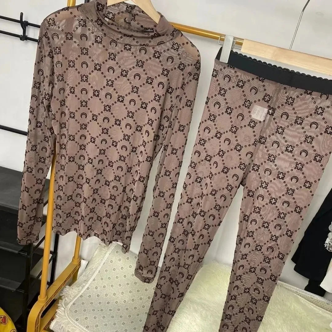 Retro Moon Print Velvet Long Sleeve Two Piece Set for Women