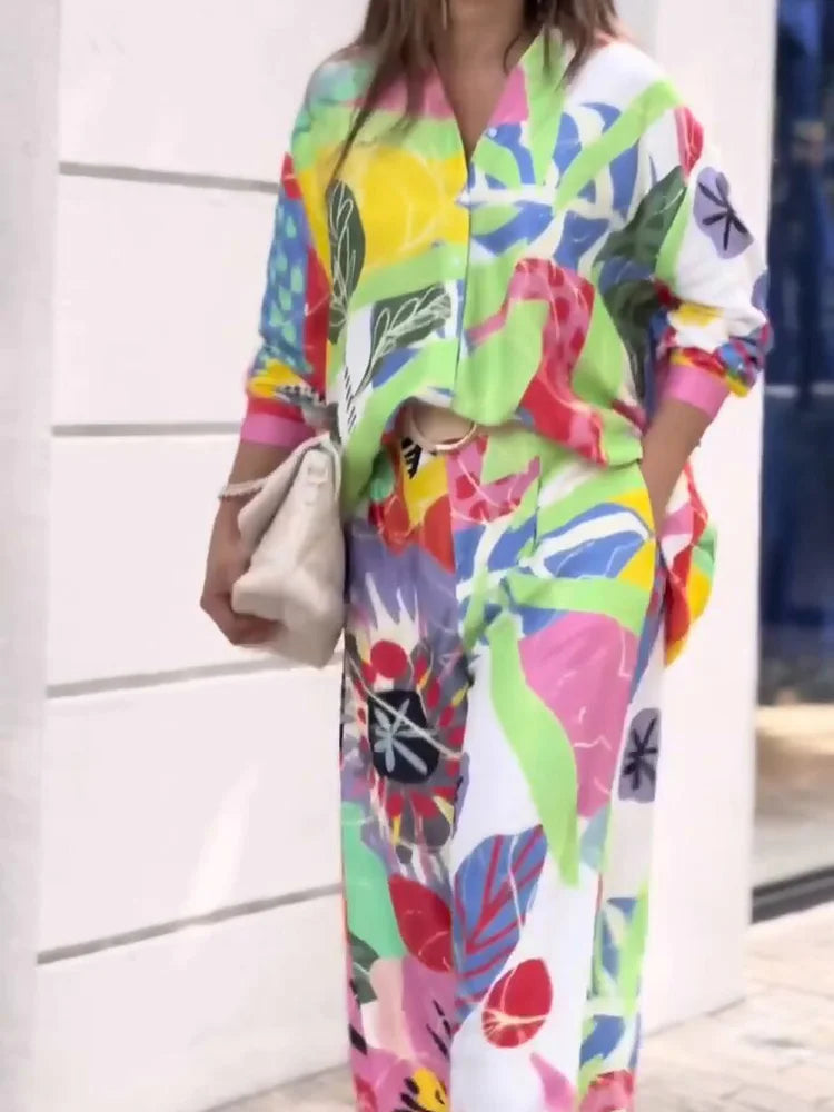 Loose Printed Shirt And Wide Leg Pants Set for Women