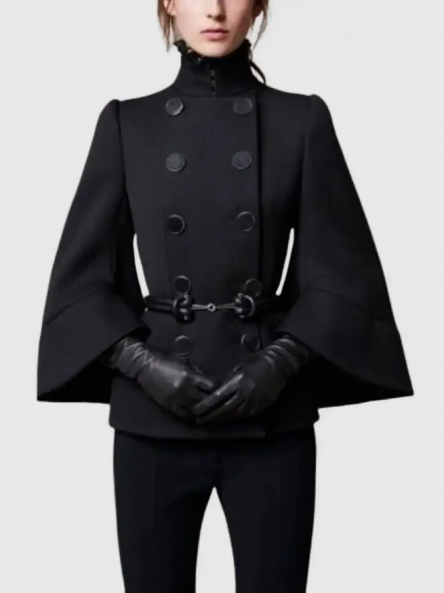 Gymystars Womens 2025 Short Jacket England Buttoned Black High Neck Coats Spring  Long Flared Sleeves Outerwear For Women