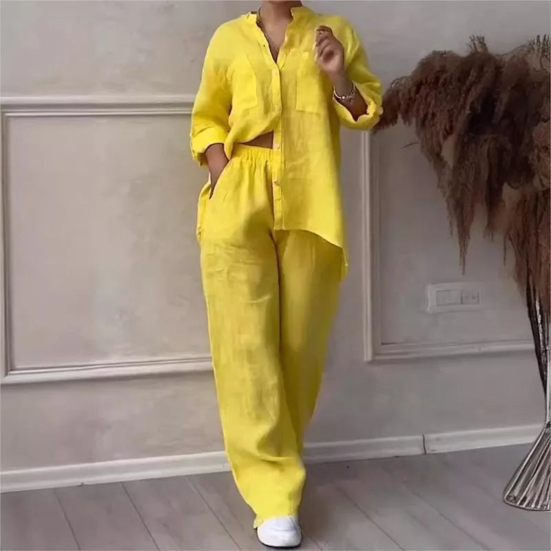 Loose Cotton Linen Shirt And Wide Leg Pants Set For Women