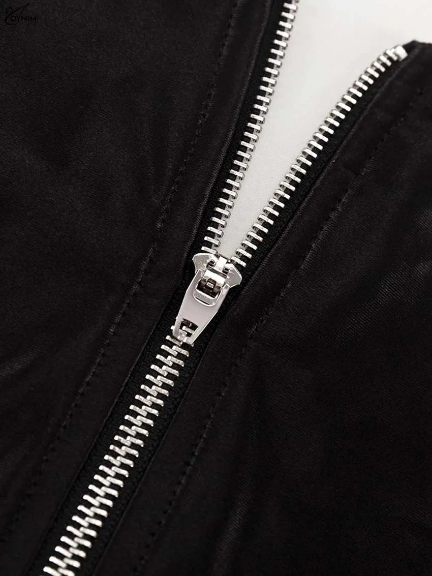 Oymimi Fashion Black Satin 2 Piece Sets Woman Outfits Elegant Long Sleeve Patchwork Zipper Crop Tops And Pleated Mini Skirts Set