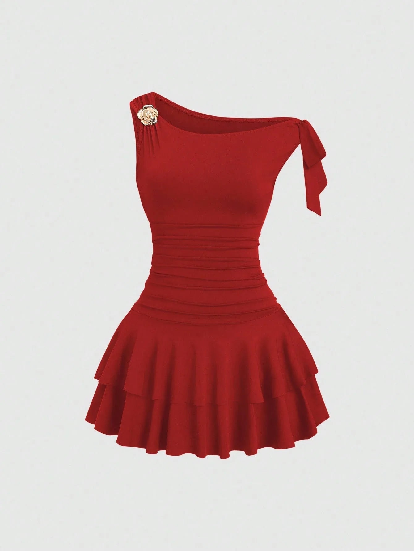 One Shoulder Layered Ruched Floral Mini Dress for Women