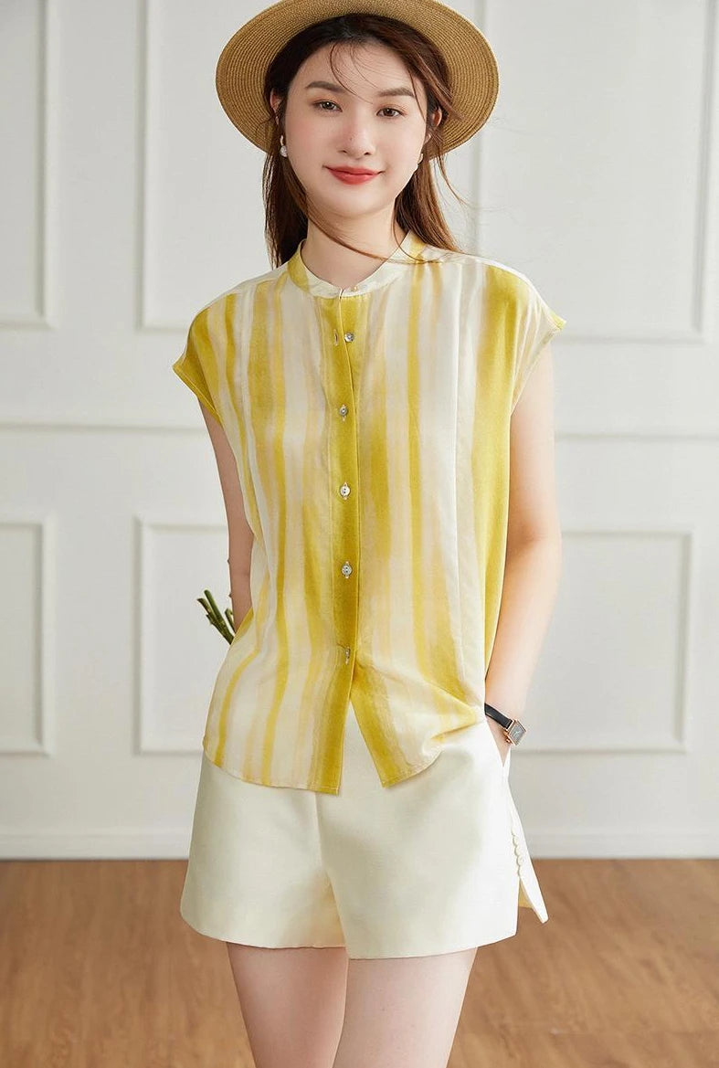 Women's Shirt and Blouse Chiffon Yellow Sleeveless Striped Female Tops Loose Summer Button Up Y2k Fashion Sale of Pretty Xl M
