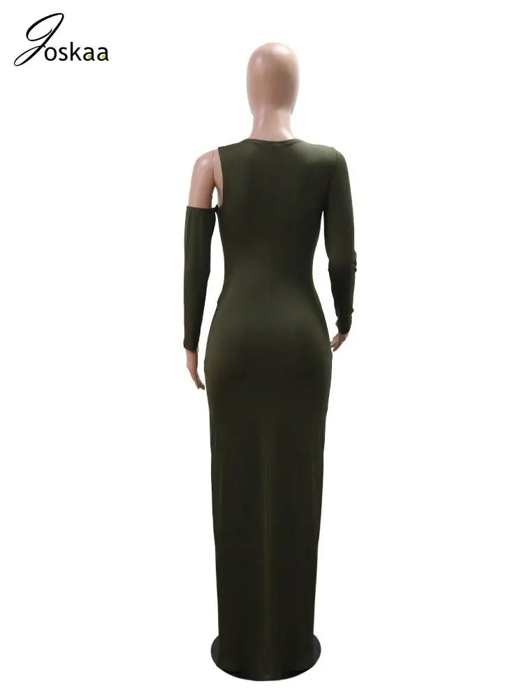 Joskaa Elegant Metal Decoration Hollow Birthday Dress Woman Sexy Irregular Full Sleeve High Split Maxi Dresses 2025 Clubwear
