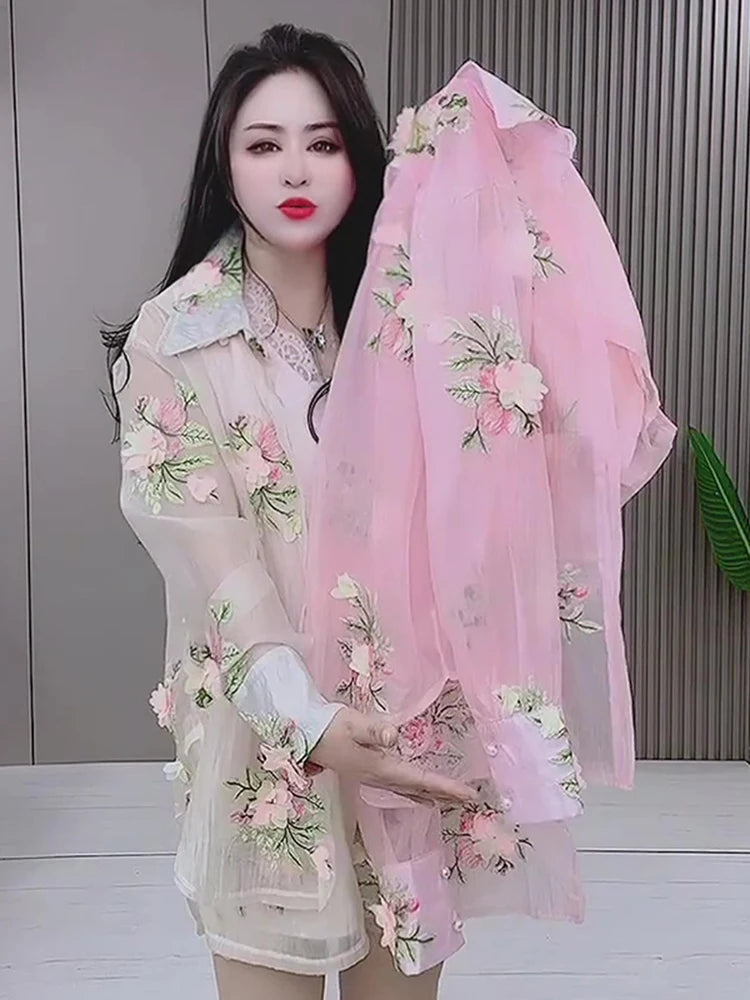 Breathable Embroidered Floral Chiffon Two Piece Set for Women