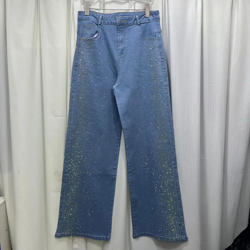 ANJY Autumn New Women's 2 Pieces Set Fashion Full Diamonds Short Sleeve Denim Shirt Elegant Fresh Straight Chic Ins Jeans A15818