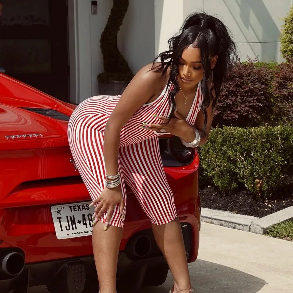 FAGADOER Casual Striped Patchwork Bodycon Romper Women Red Halter Deep V-neck Backless Jumpsuit Female Streetwear Overalls New