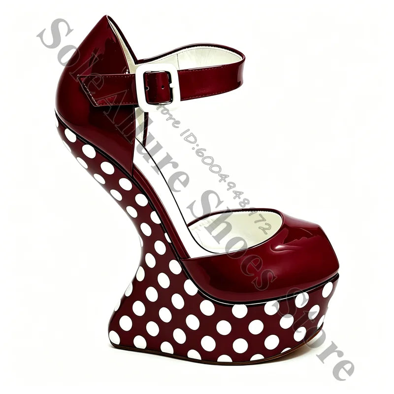 Glossy Polka Dot Buckle Strap Wedge Platform Sandals For Women