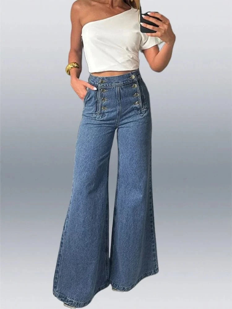 Beautyblue Women's Denim Jean Loose High Waisted Pockets Double-breasted Straight Leg Trouser Female 2025 Y2k Street Lady Outwea