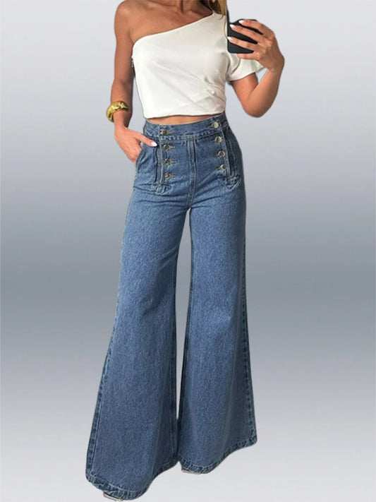 Beautyblue Women's Denim Jean Loose High Waisted Pockets Double-breasted Straight Leg Trouser Female 2025 Y2k Street Lady Outwea