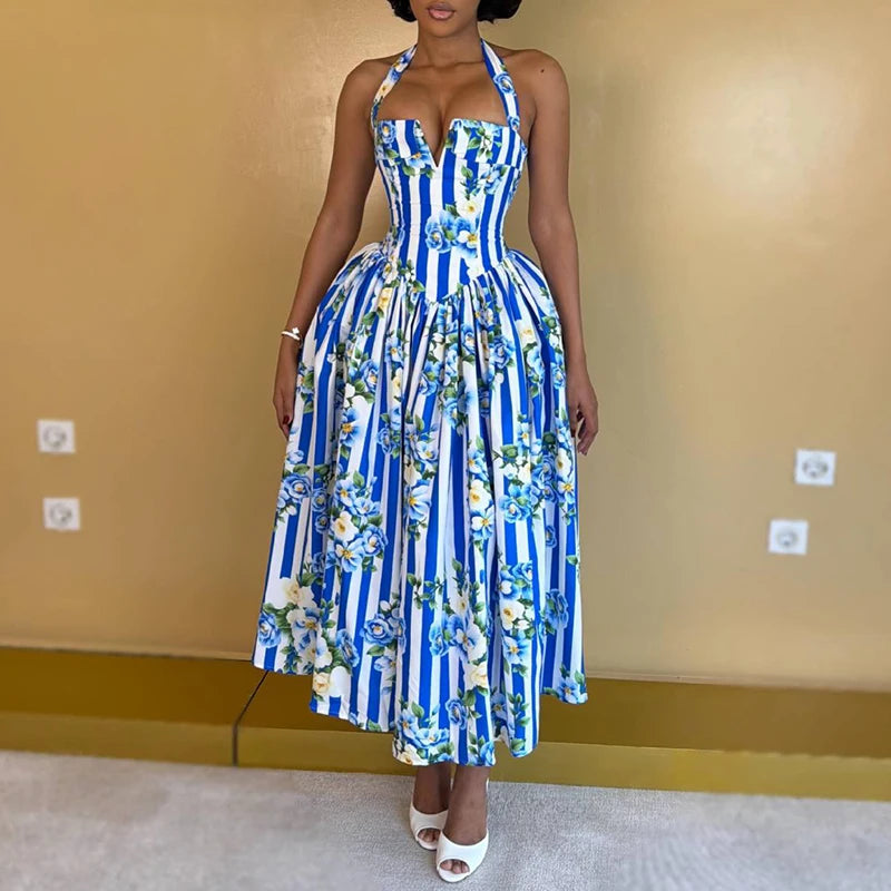 Women Elegant Backless Waist Vacation Dresses Sweet Style Floral Print Formal Party Dress Sexy Halter Sleeveless Bohe Long Dress