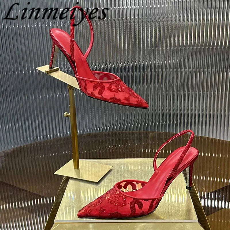 Rhinestone Mesh Pointed Toe Pumps