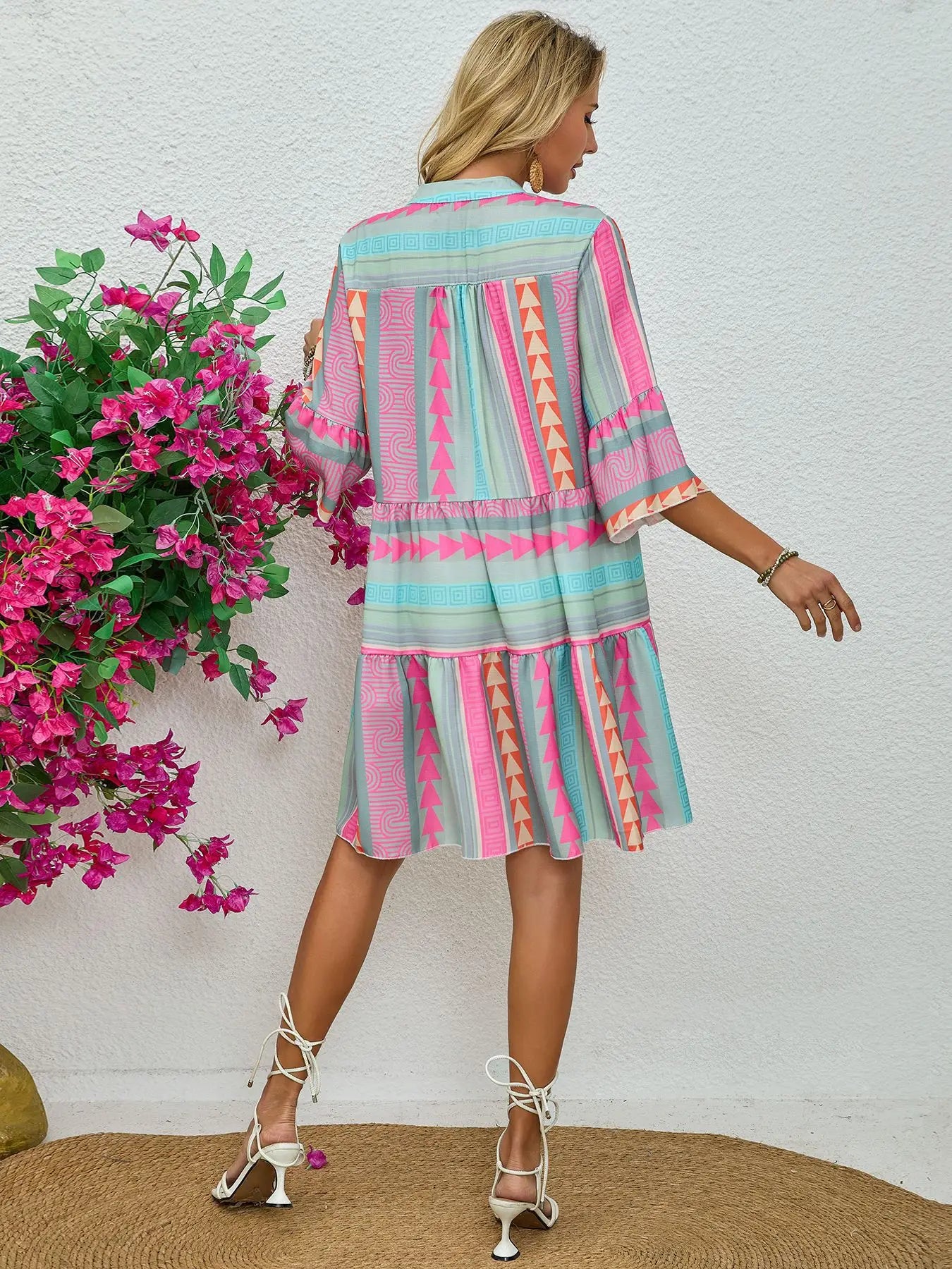 Floral Print V Neck Three Quarter Sleeve Pullover Dress For Women