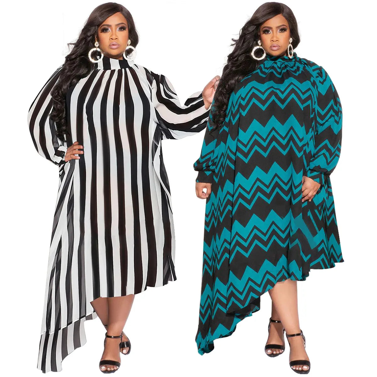 African Print Long Sleeve Asymmetrical Maxi Dress for Women
