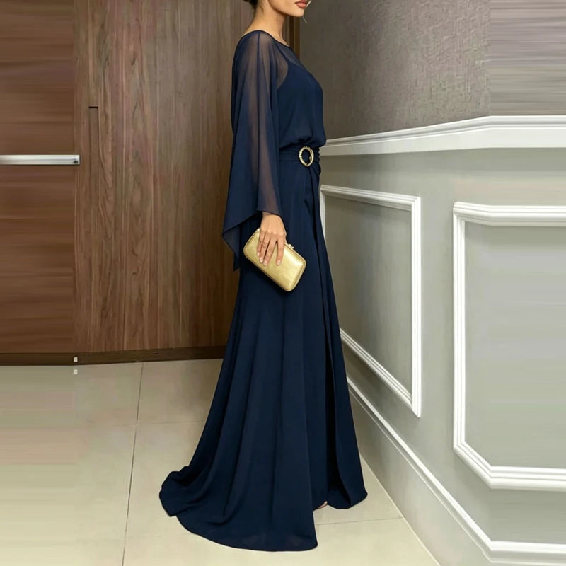 Elegant O-neck Cover Up Playsuit Match Off Shoulder Romper Women Fashion Chiffon Overalls Long Sleeve Solid Wide Legger Jumpsuit