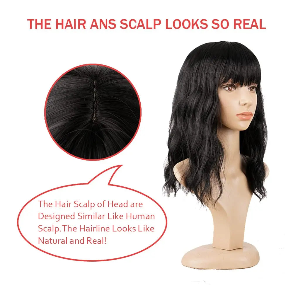 Natural Brown Synthetic Curly Wavy Bangs Bob Wig for Women