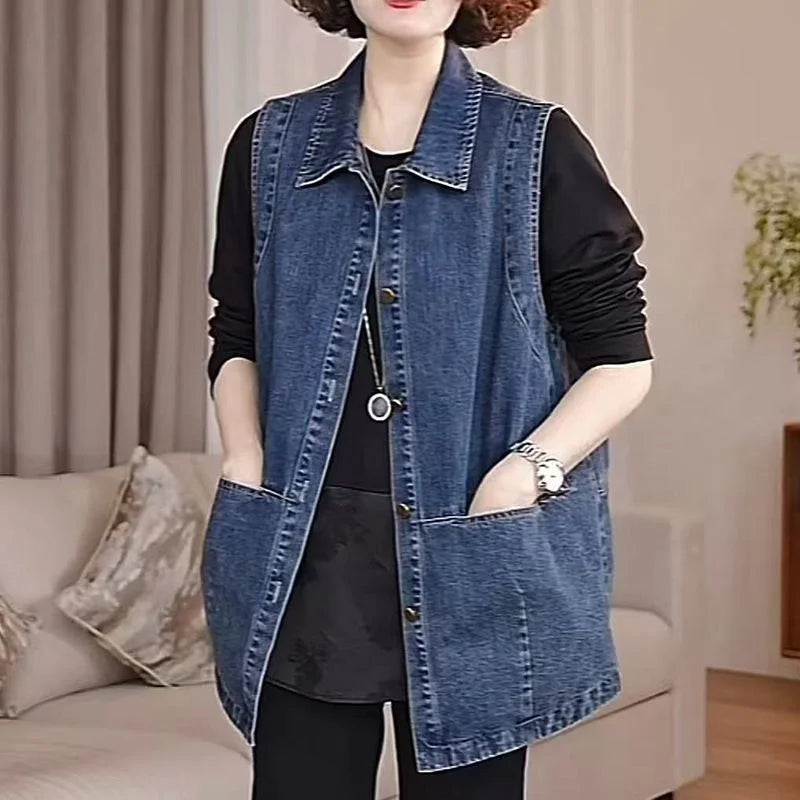 Lightweight Loose Denim Vest With Button Closure For Women