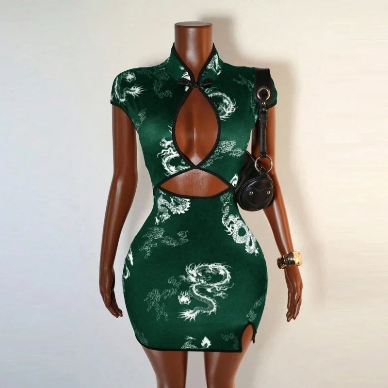 Cheongsam Style Dragon Print Cutout Dress for Women