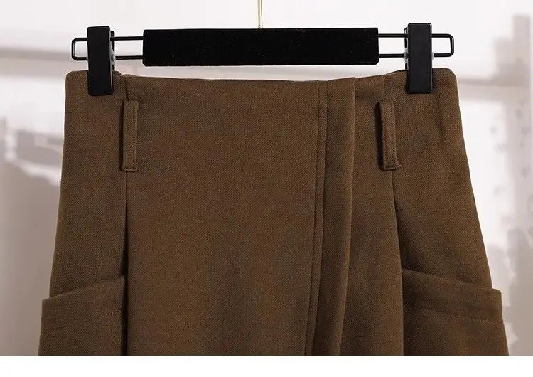 High Waisted Black Wool Midi Skirt With Pockets for Women