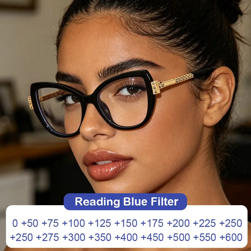 Black Cat Eye Rhinestone Anti Blue Light Reading Glasses for Women