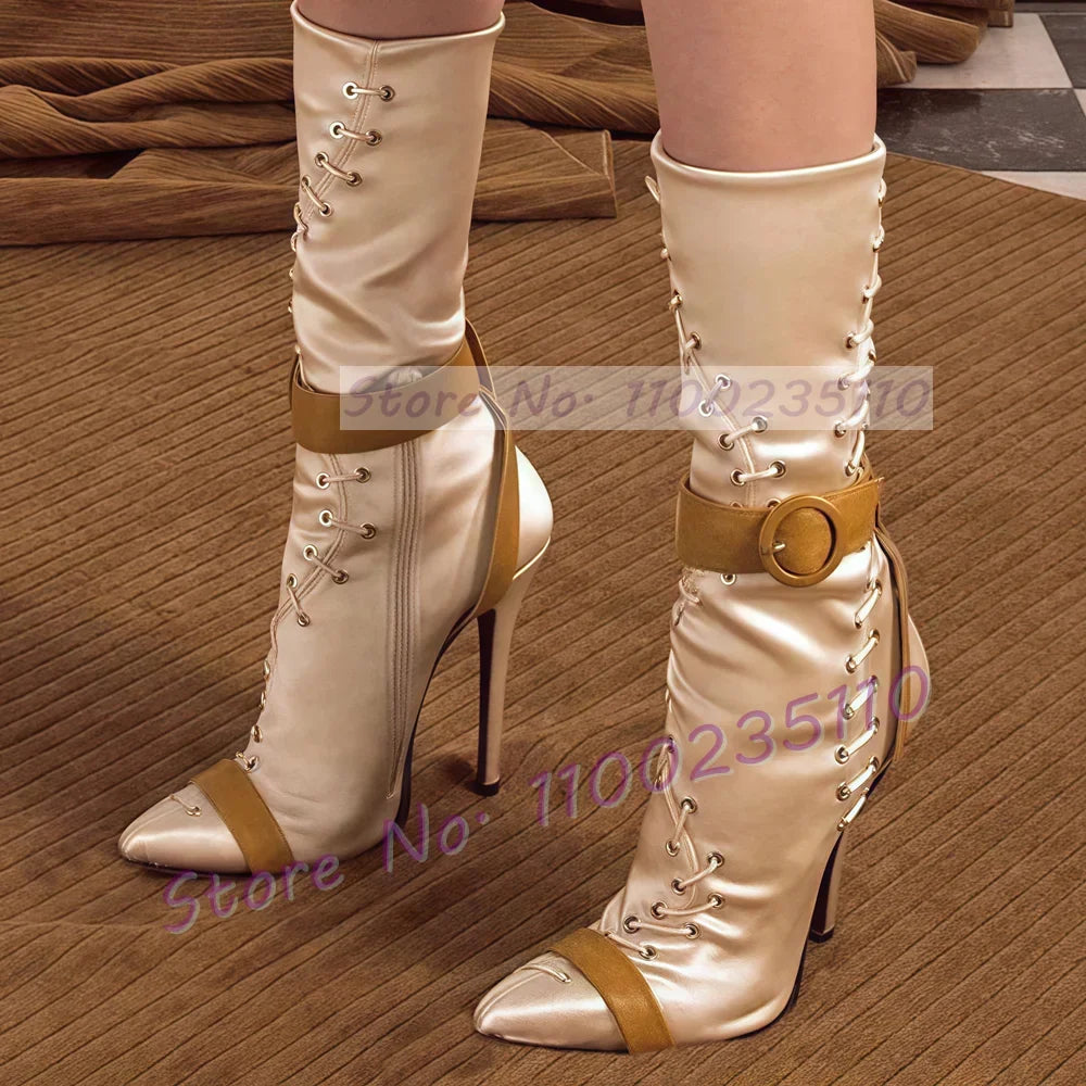 Champagne Satin Pointed Toe Mid Calf Boots With Thin Heels For Women