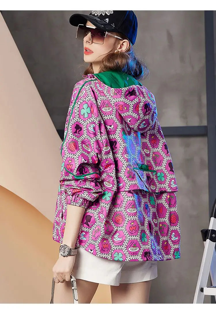 Women's Hooded Zipper Jacket, Casual Outerwear, Loose Tops, Print Doodle Coats, Female Clothing, Autumn, Winter, New