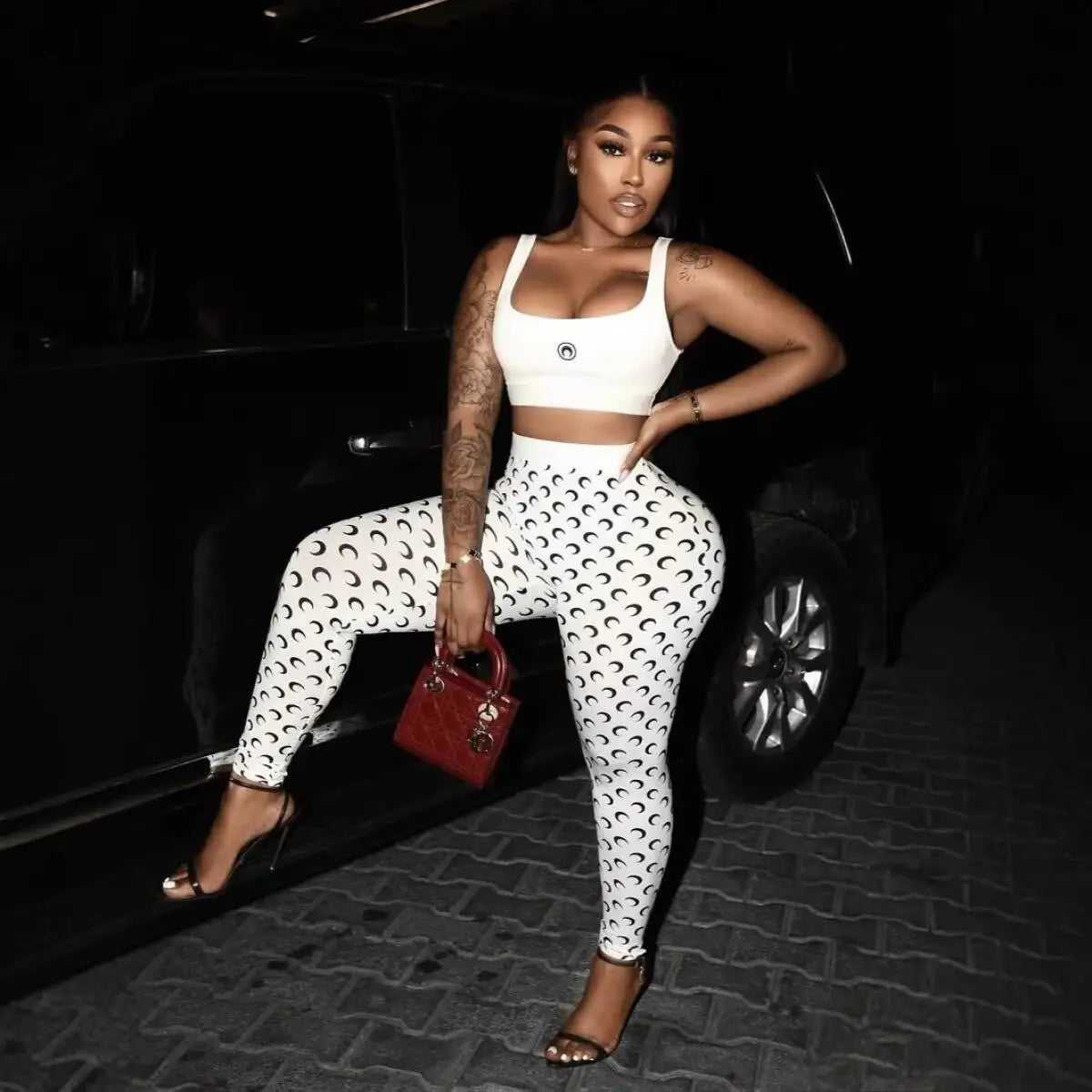 Y2K Crescent Print Slim Fit Two Piece Pants Set for Women