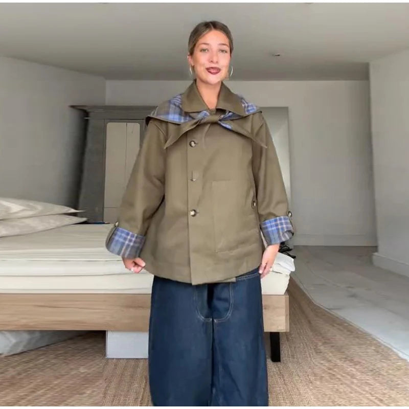 Plaid Reversible Jacket with Lapel Bow and Pockets for Women