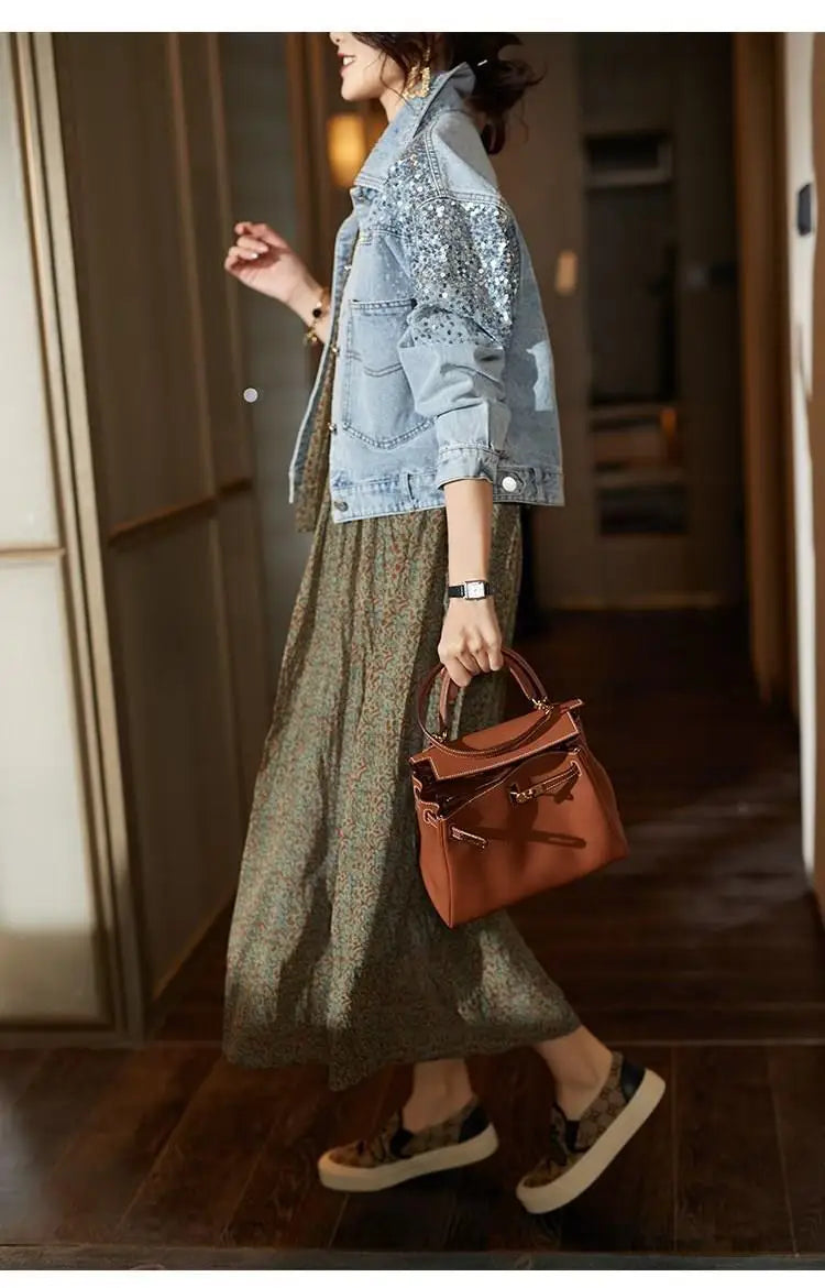Sequin Embellished Short Denim Jacket for Women with Pockets