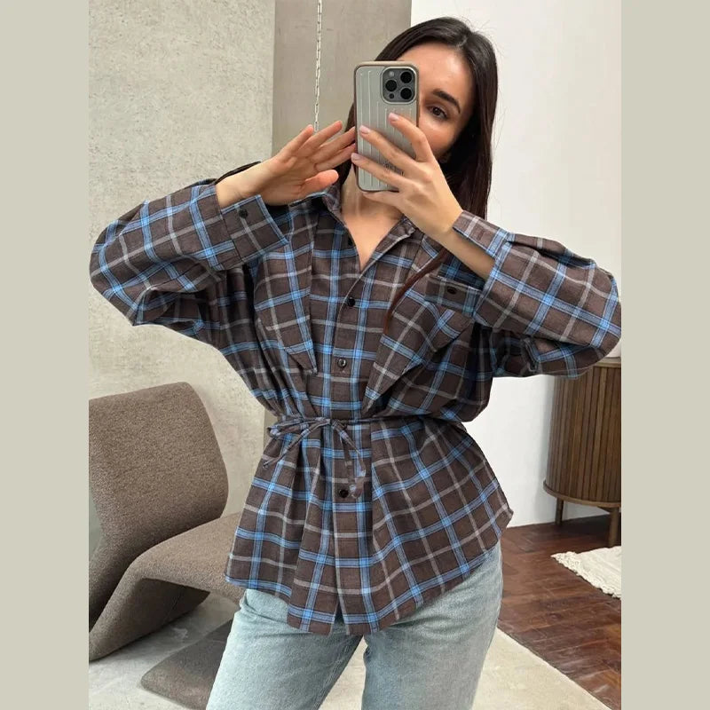Elegant Plaid Patchwork Long Sleeve Shirt for Women