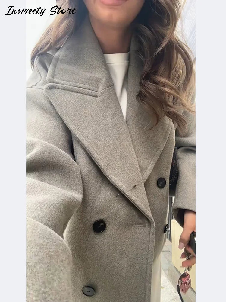 Double Breasted Cropped Jacket With Turn Down Collar for Women
