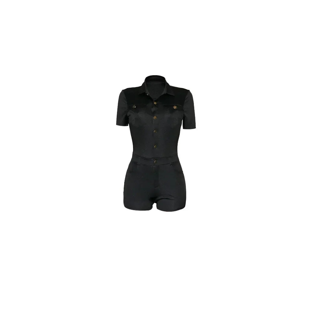 Summer V Neck Mesh Cargo Short Jumpsuit for Women