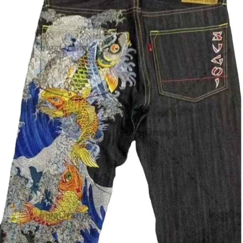 Japanese hip-hop Brocade carp printed jeans same style couple washed high waist retro casual loose ins straight wide leg pants
