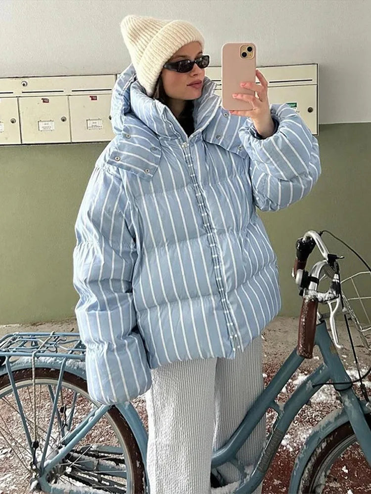 Striped Cotton Quilted Coat Single Breasted for Women