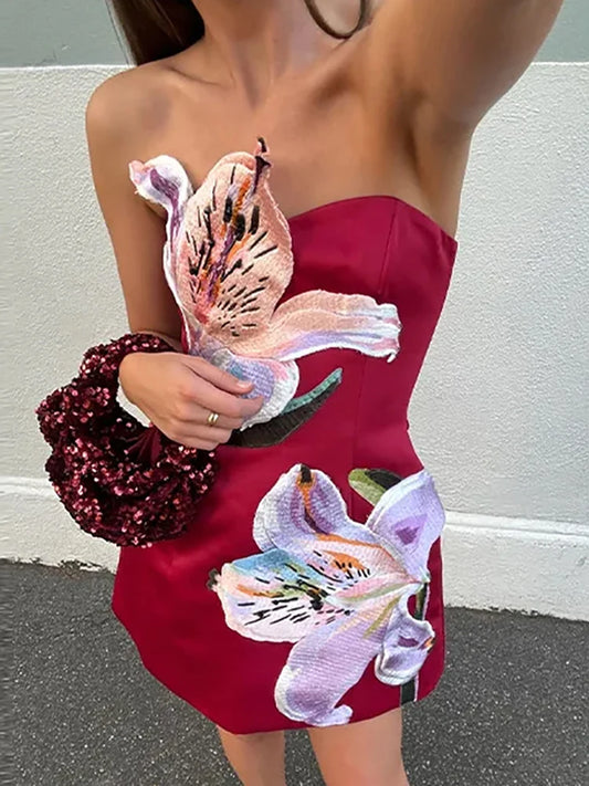 Lady Elegant Strapless Waist Banquet Dress Fashion Sleeveless Hollow Cocktail Dresses Casual Floral Print Backless Holiday Dress
