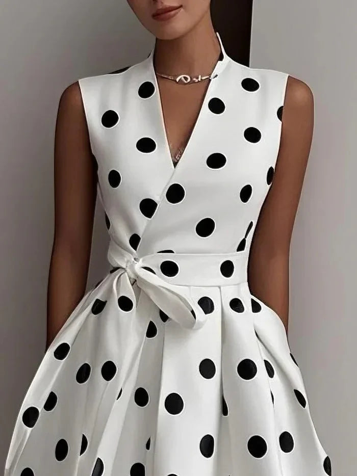 Vintage Polka Dot V Neck Lace Up Midi Dress for Women