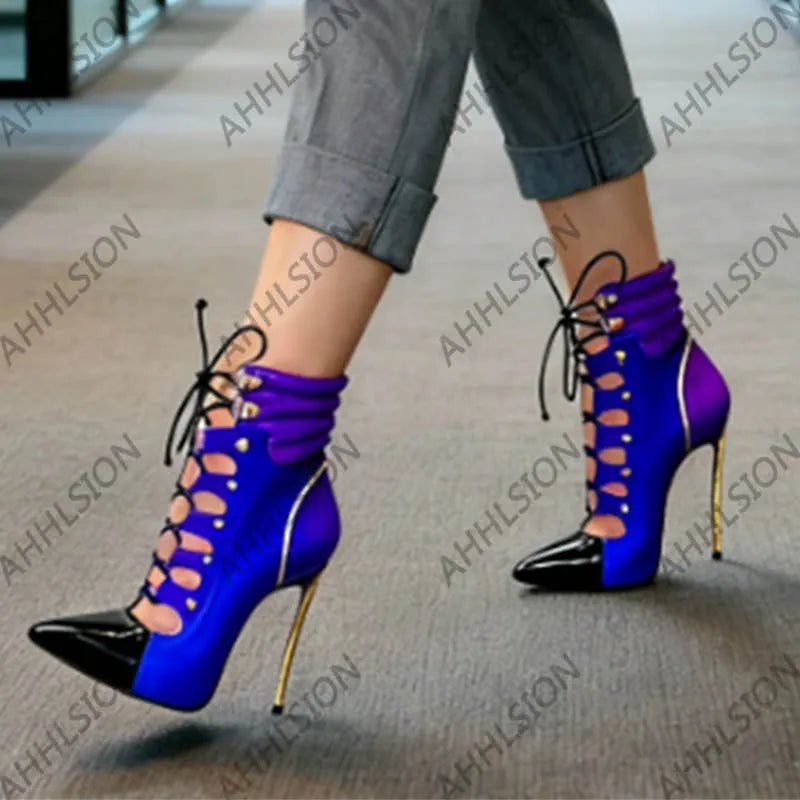 Pointed Toe Purple Leather Ankle Boots With Gold Accents For Women