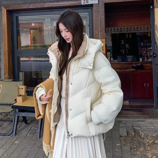 Women's Winter Hooded Down Cotton Jacket New Short Korean Y2K Thick Warm Parkas Coat Loose Casual College Windproof Outwear Top
