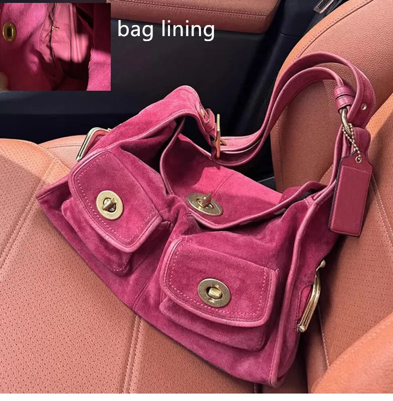 Casual Commuter Large Capacity Suede Pillow Bag Single Shoulder Crossbody Bag Vintage Style Polyester Lining Zipper Closure