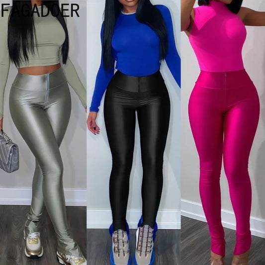 FAGADOER Summer New Fashion Zipper Patchwork Leggings Pants for Woman Solid Color High Waist Bodycon Pants Female Sportswear New